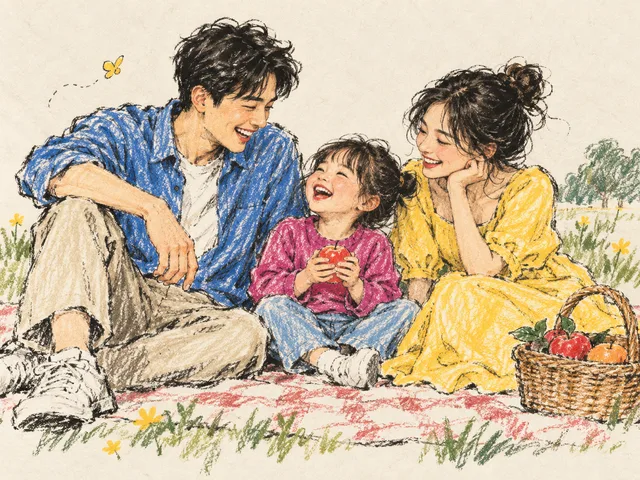 Three fictional family members sharing a picnic, drawn in colored pencil