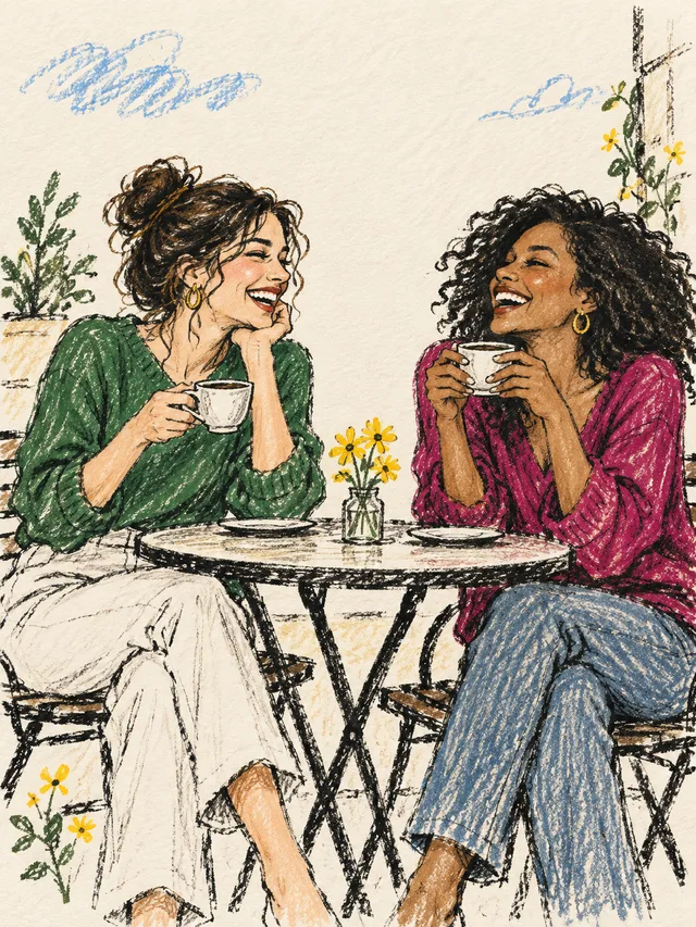 Two fictional friends laughing together at a cafe, drawn in colored pencil