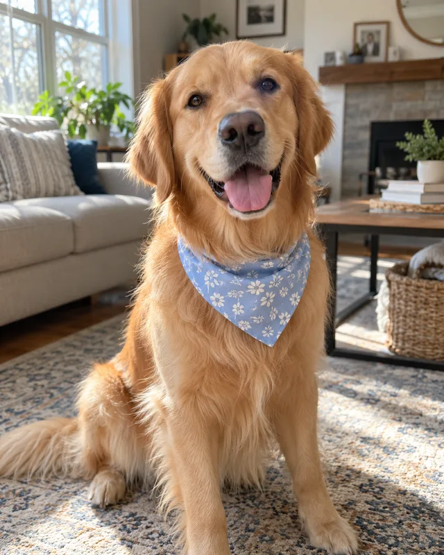 A smiling golden retriever wearing a blue floral bandana in a sunny living room