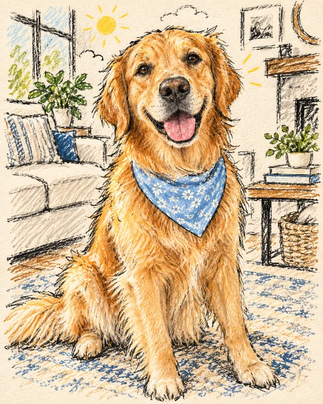 The same golden retriever and living room rendered as a colored-pencil and crayon illustration