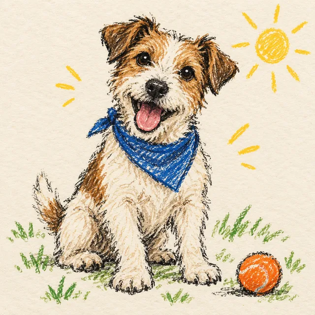 A terrier dog with a blue bandana drawn in colored pencil