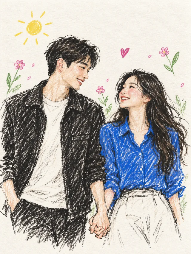 A fictional couple holding hands in a colorful crayon illustration